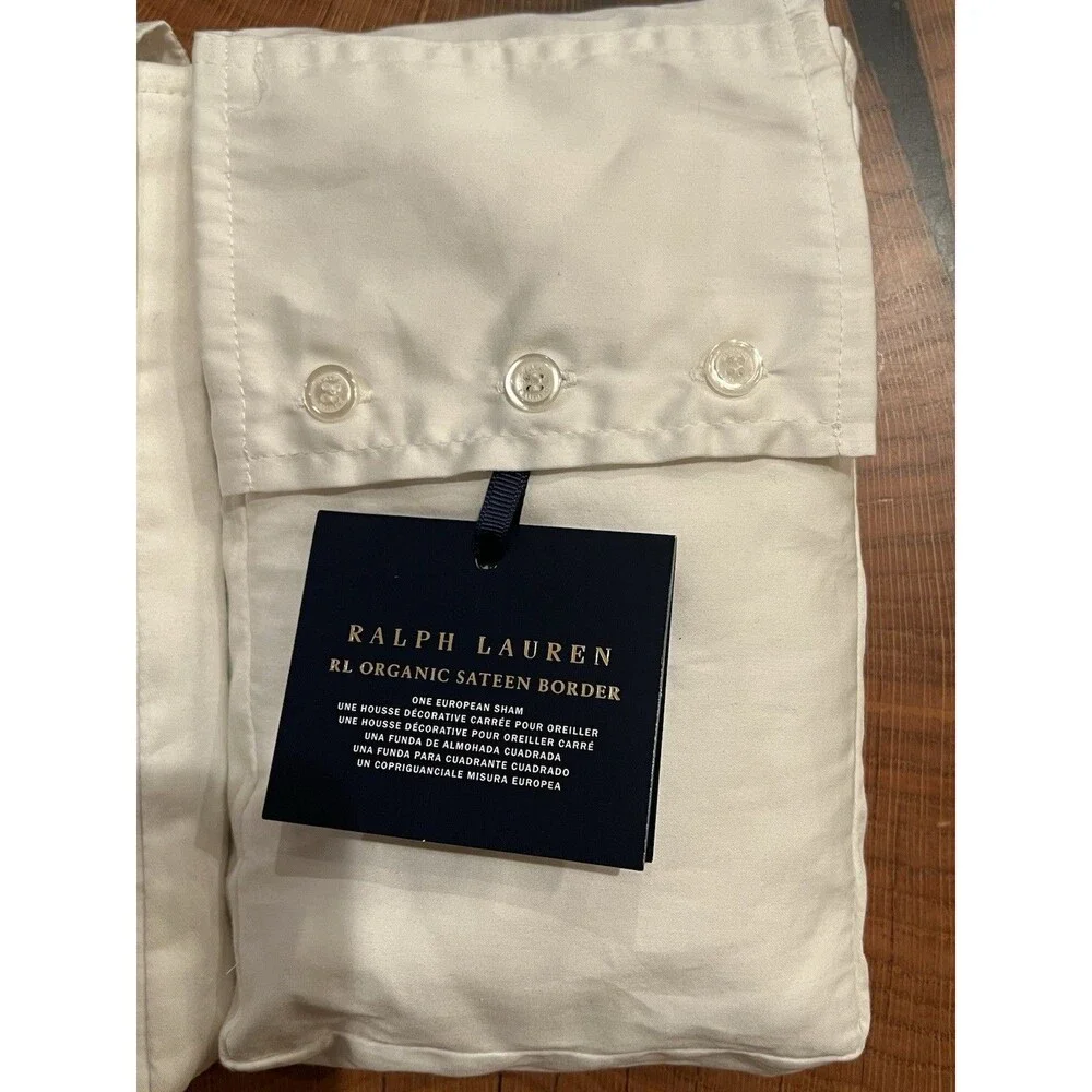 LOT 2 Ralph Lauren RL Organic Sateen Border European Shams 26x26” Parchment Whit